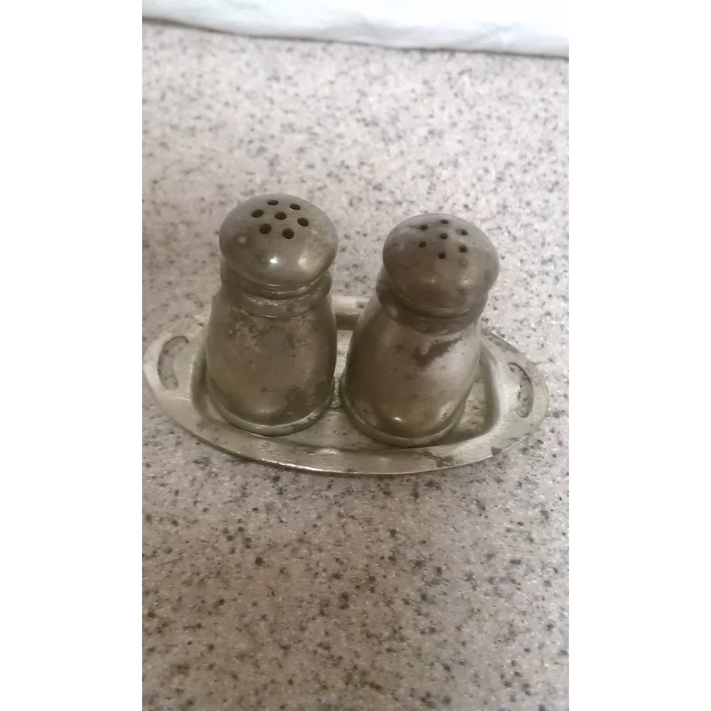 Vintage 1950s pewter kitchen salt and pepper with tray